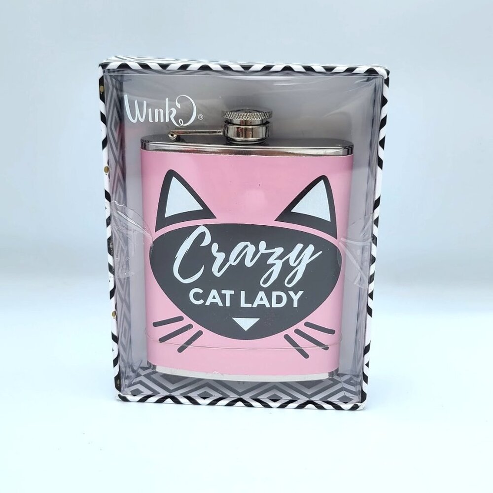 Wink Crazy Cat Lady Hip Flask 7 oz Pink Silver New in Box